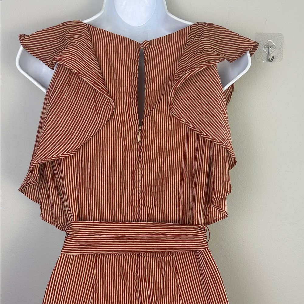 Anthropologie Eva Franco Ruffle Striped Jumpsuit in Terracotta Small Pockets - Picture 13 of 16
